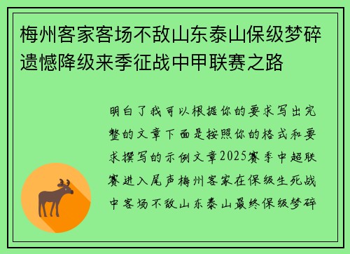 梅州客家客场不敌山东泰山保级梦碎遗憾降级来季征战中甲联赛之路